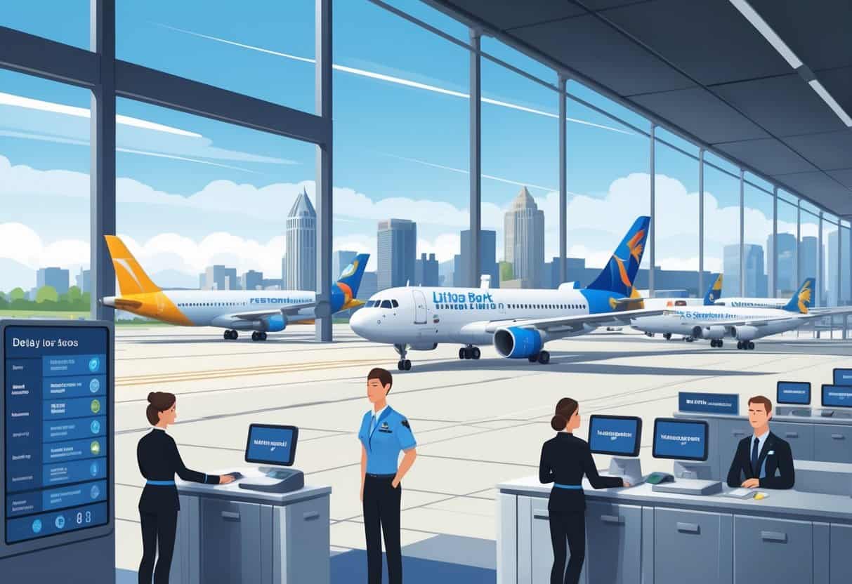 Airport terminal in Little Rock with airplanes on the runway, passengers being assisted by staff, and a city skyline in the background.
