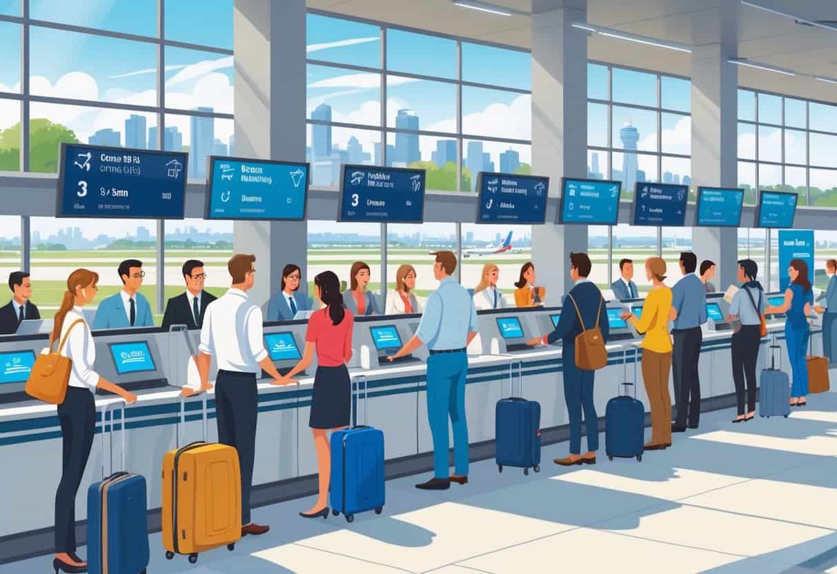 Travelers calmly interacting with airline staff at check-in counters inside an airport in Lowell, Massachusetts, with the city skyline visible outside.