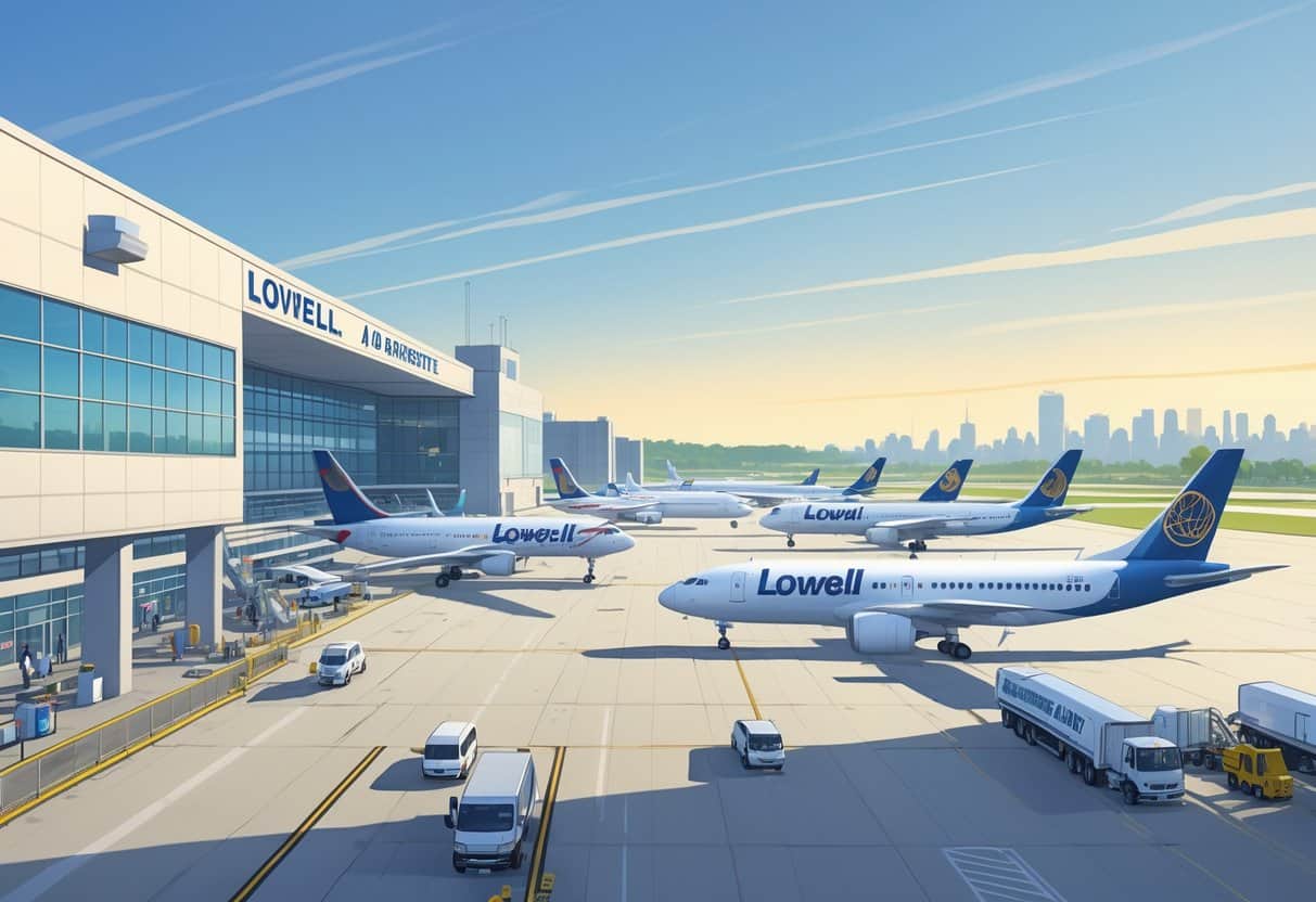 An airport terminal in Lowell, Massachusetts with airplanes from major airlines parked at gates and the city skyline in the background.