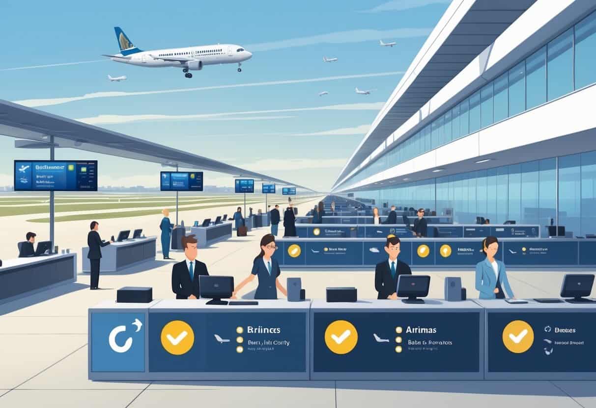 An airport terminal in Lincoln, Nebraska with passengers and airline staff at counters and airplanes taxiing on runways under a clear sky.