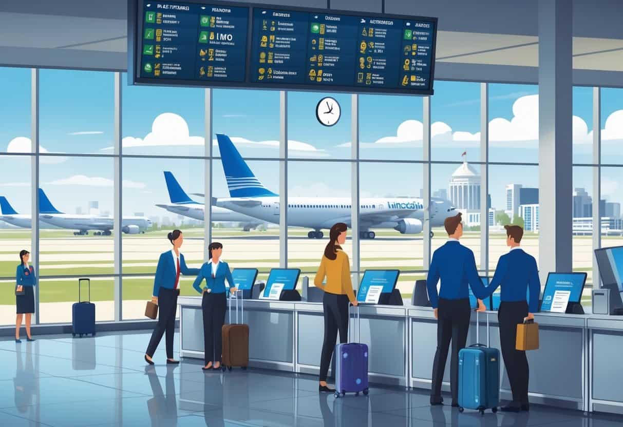 An airport terminal in Lincoln, Nebraska with travelers and airline staff at service counters, airplanes on the tarmac, and the city skyline in the background.