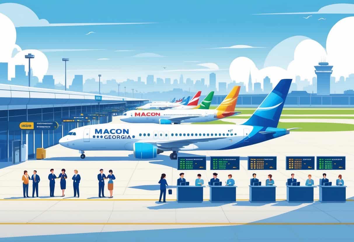 An airport scene in Macon, Georgia with airplanes from various airlines on the runway and travelers interacting calmly with airline staff at service counters.