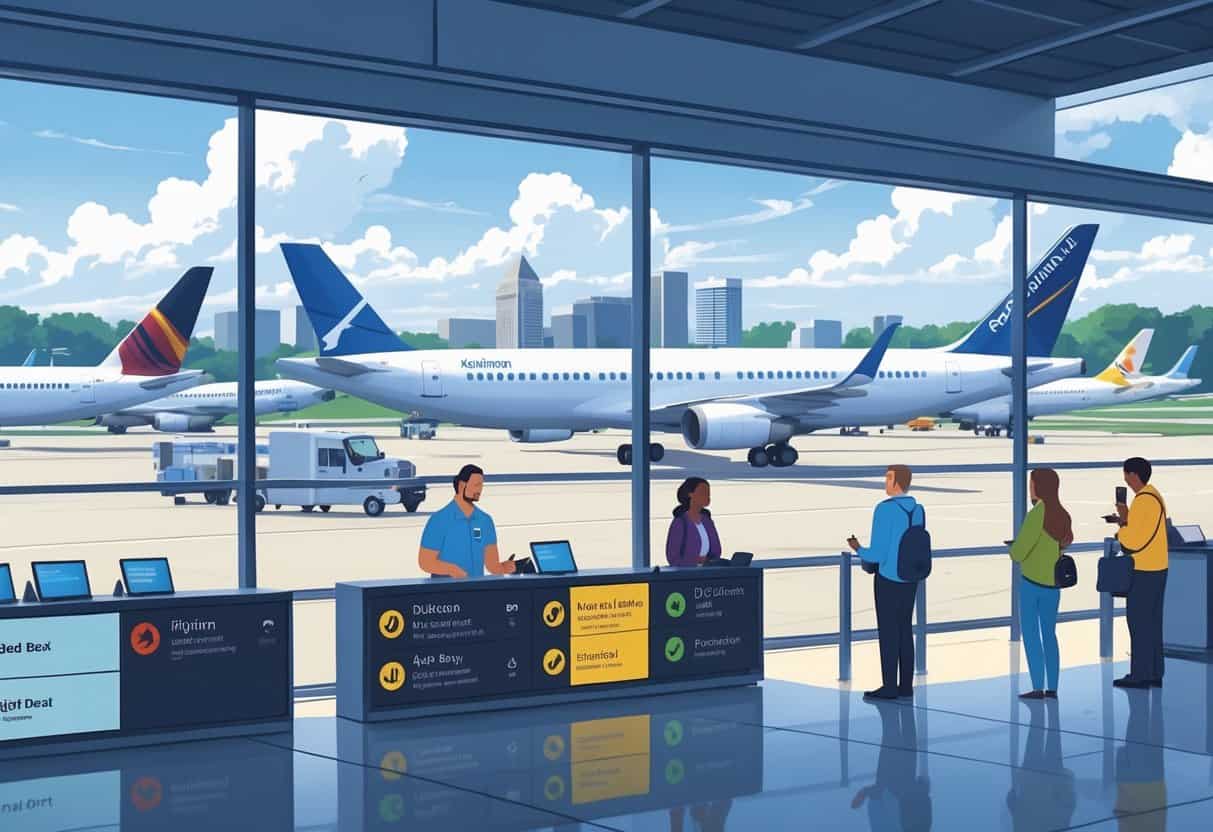An airport terminal in Louisville with airplanes at gates, a flight status board showing delays and cancellations, and travelers waiting inside the terminal.