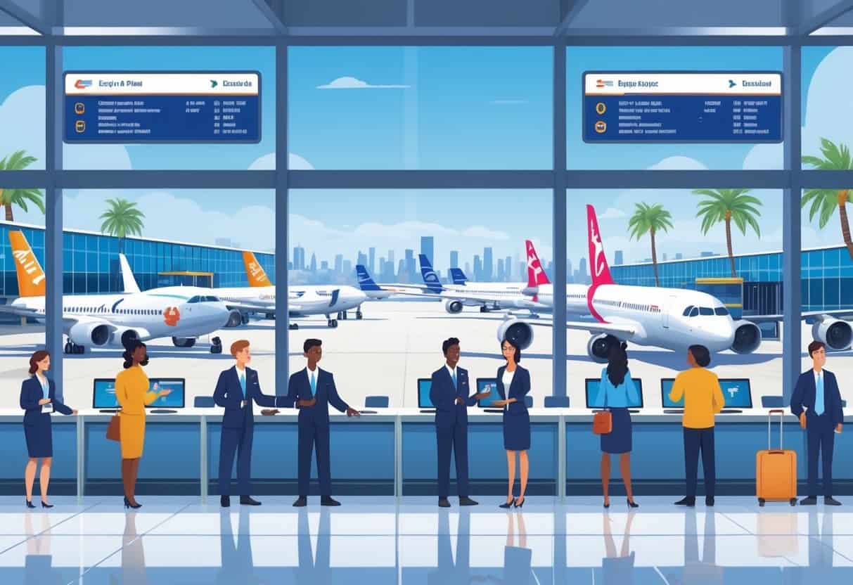 Travelers receiving assistance from airline staff at a busy Los Angeles airport with airplanes at gates and the city skyline visible outside.