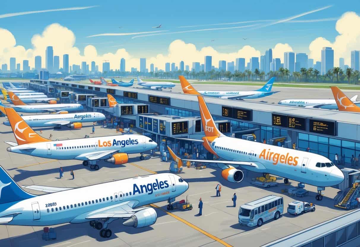A busy Los Angeles airport with airplanes on the tarmac, airport staff assisting passengers, and the city skyline with palm trees in the background.