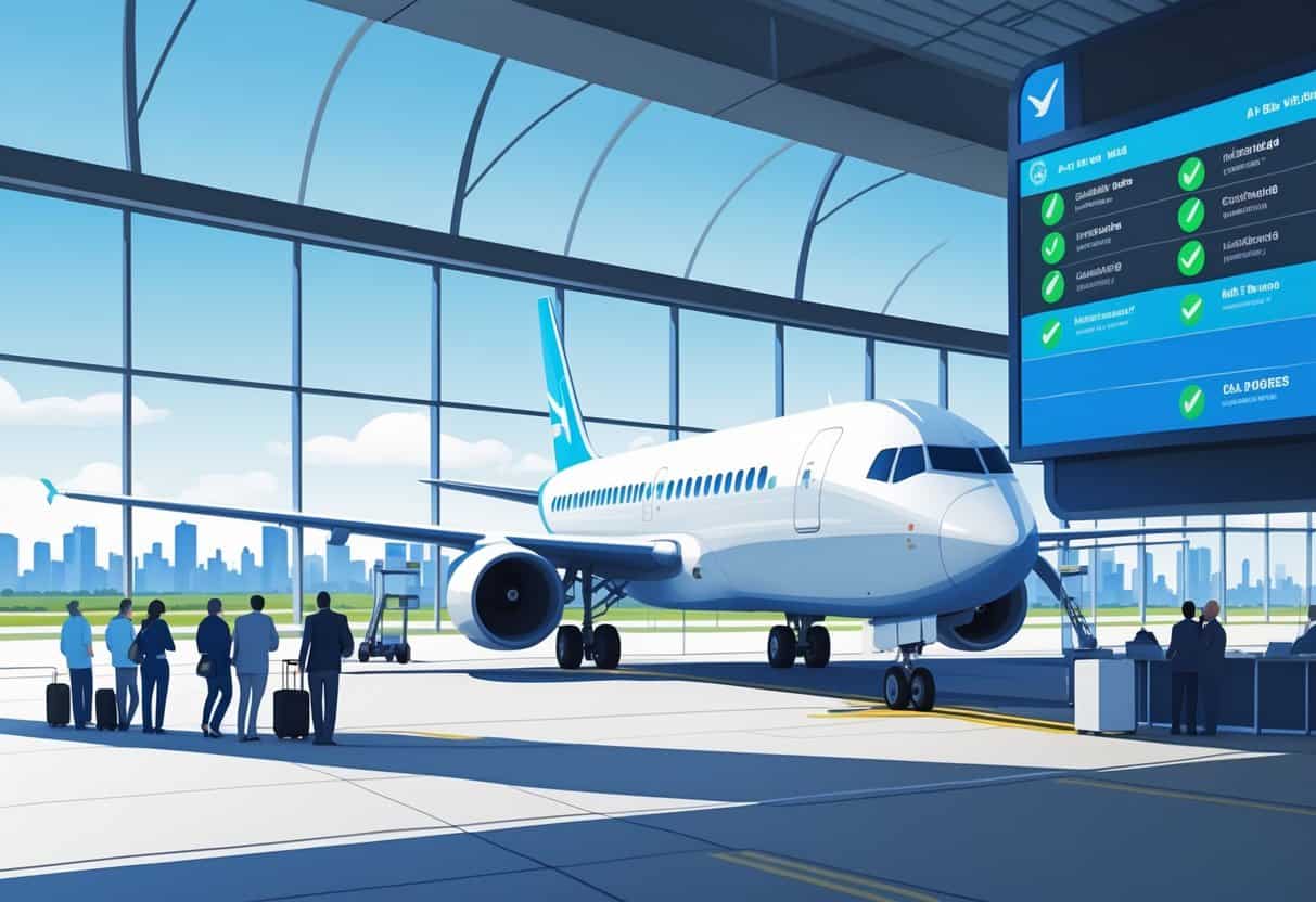An airport scene in Lynn, Massachusetts showing a plane at a gate with passengers waiting calmly inside the terminal and a city skyline visible through large windows.