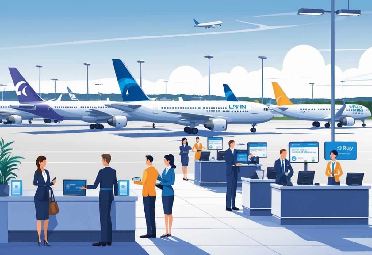 An airport scene near Lynn, Massachusetts, showing airplanes at gates, airline staff helping passengers, and calm travelers checking flight information in a modern terminal.