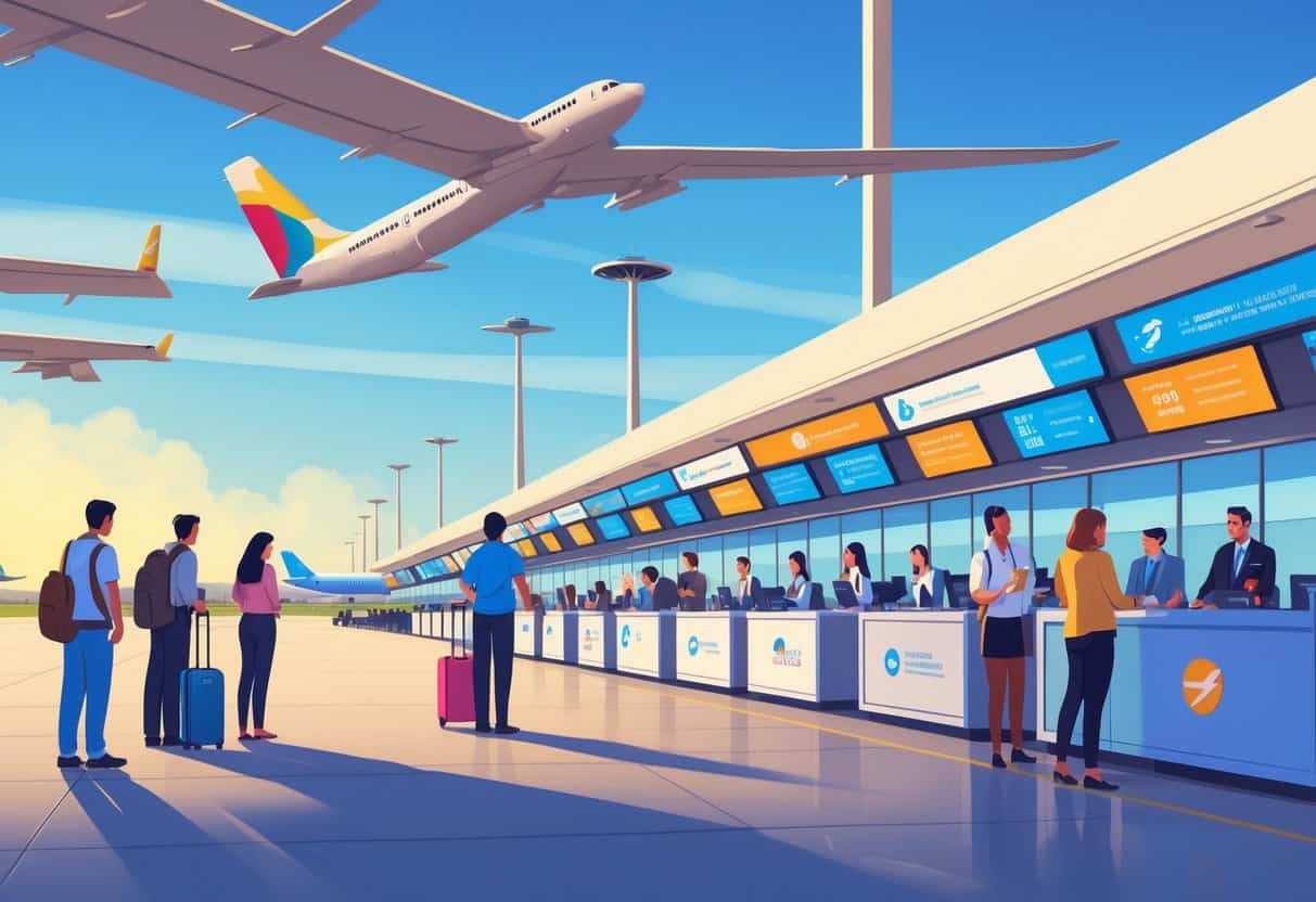 Travelers interacting with airline staff at counters inside McAllen International Airport, with airplanes visible outside on the runway under a clear sky.