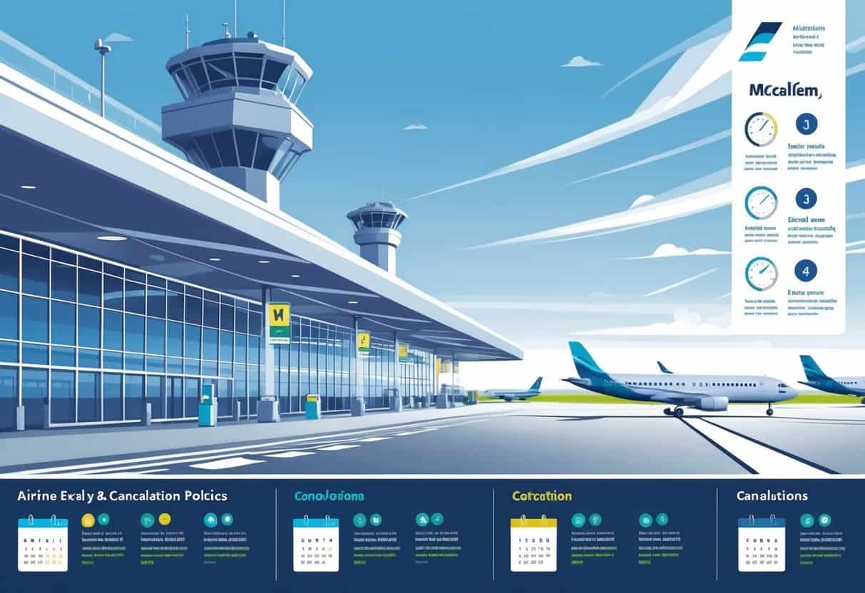 An illustration showing an airport scene with airplanes, a control tower, and a map highlighting McAllen, Texas, alongside icons and charts representing airline delay and cancellation policies.