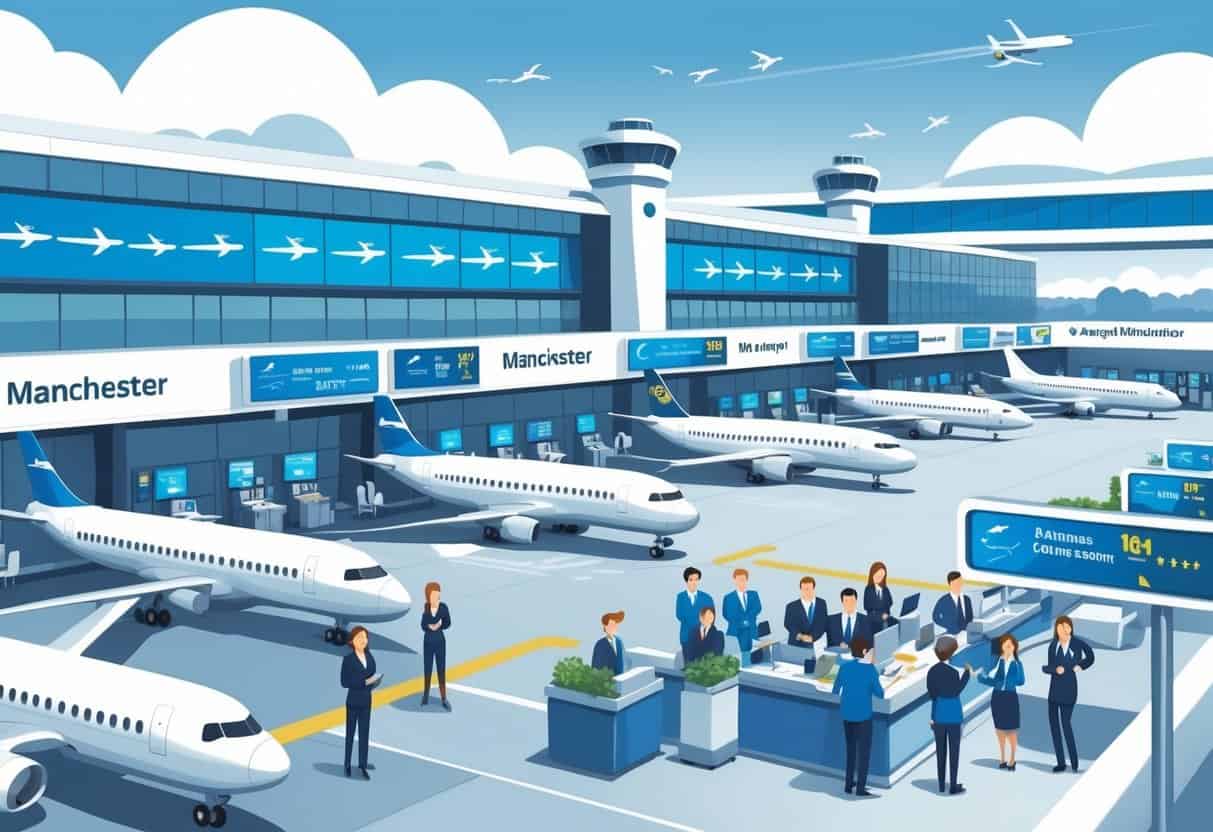 An airport terminal in Manchester with airplanes at gates and airline staff helping passengers in a calm and organized setting.
