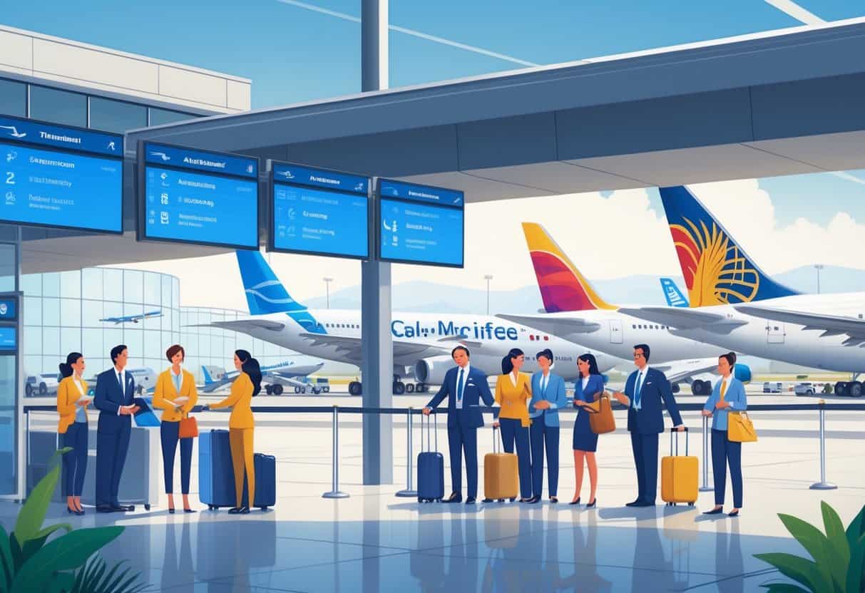 An airport terminal in Menifee, California, with airline staff assisting passengers near gates and airplanes under a clear sky.