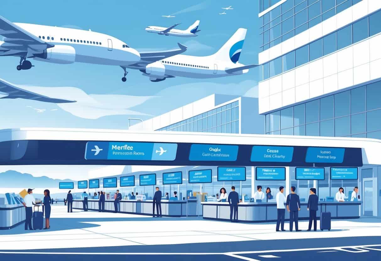 An airport scene with airplanes, passengers, and airline staff showing smooth and organized operations near Menifee, California.