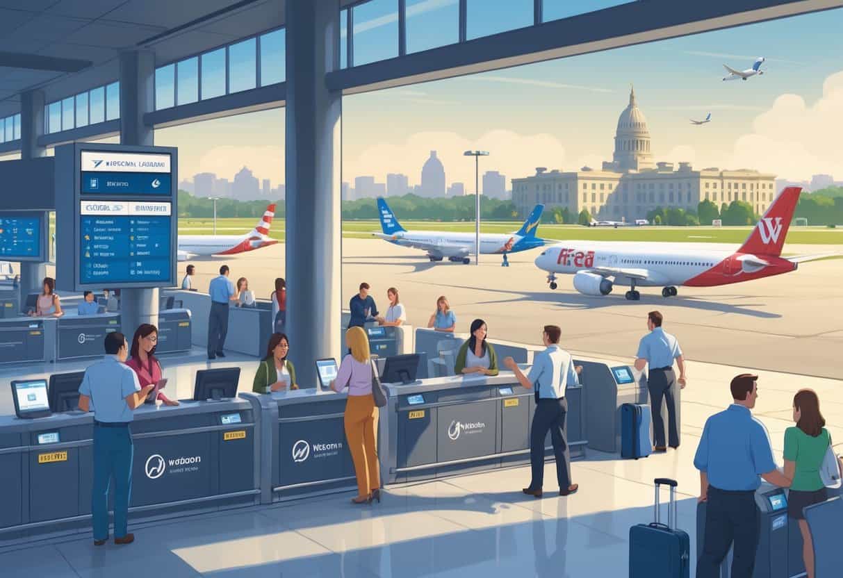 Travelers interacting with airline staff at a busy airport terminal in Madison, Wisconsin, with airplanes outside and the Wisconsin State Capitol visible in the background.