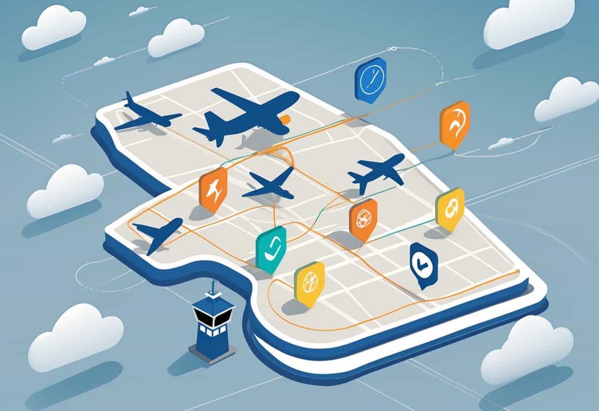An illustration showing a map of Madison, Wisconsin with airplane icons and symbols representing airline delay and cancellation policies connected around it.