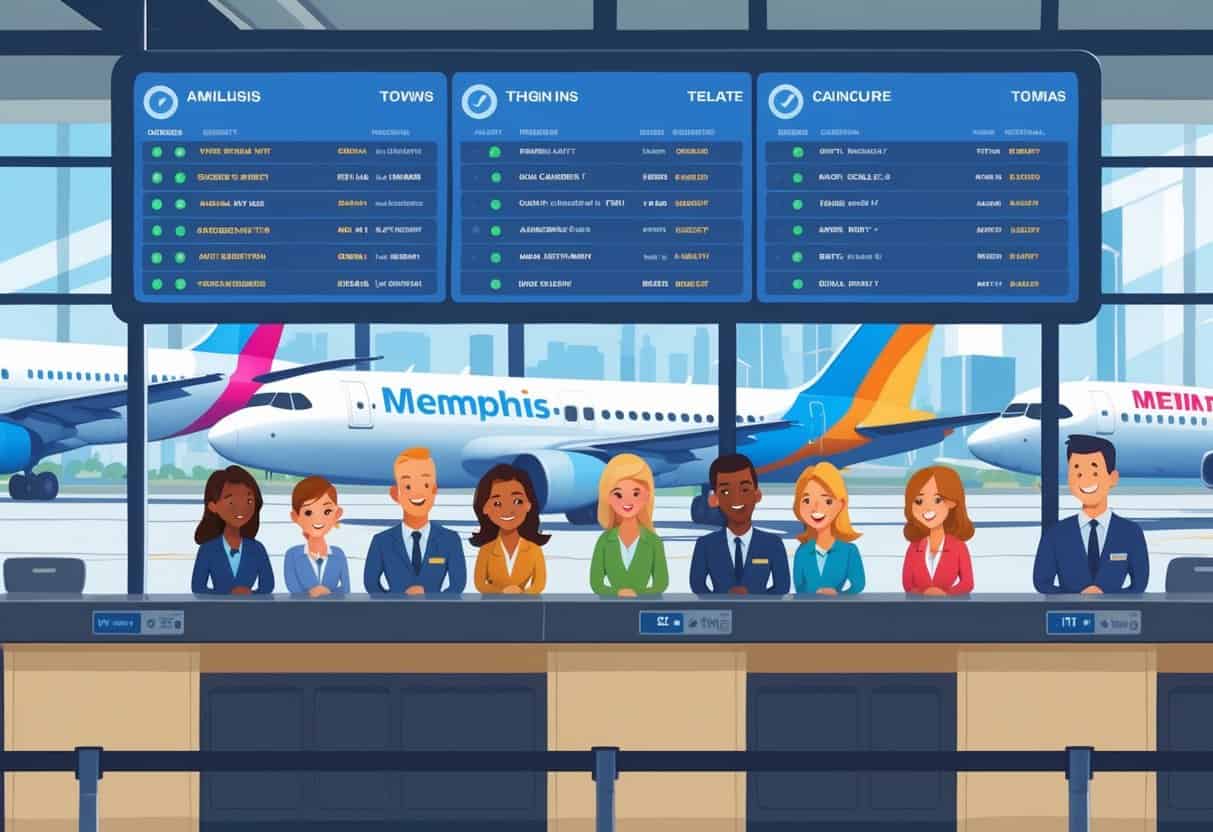 Travelers and airline staff at an airport customer service desk in Memphis with a flight information board showing delayed and canceled flights, airplanes visible outside through large windows.