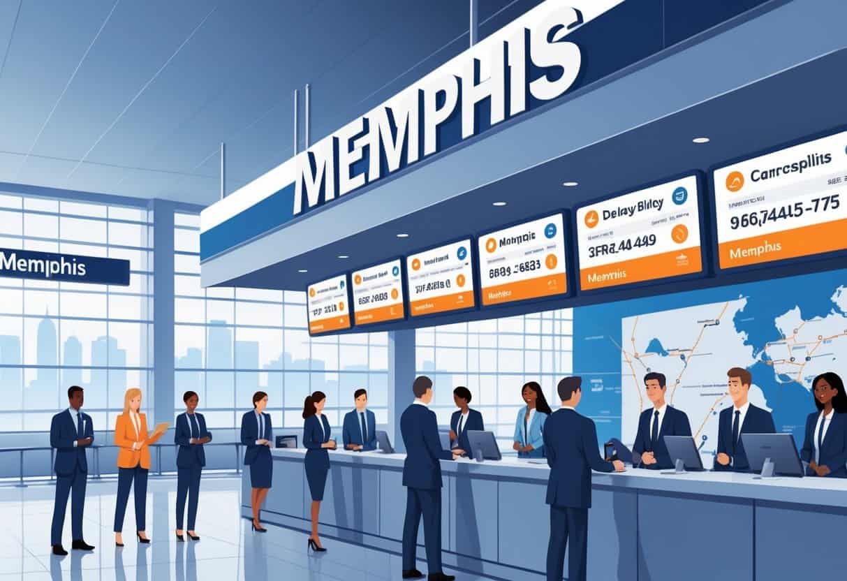 An airport terminal in Memphis with airline staff helping passengers near flight information displays showing delayed and canceled flights.