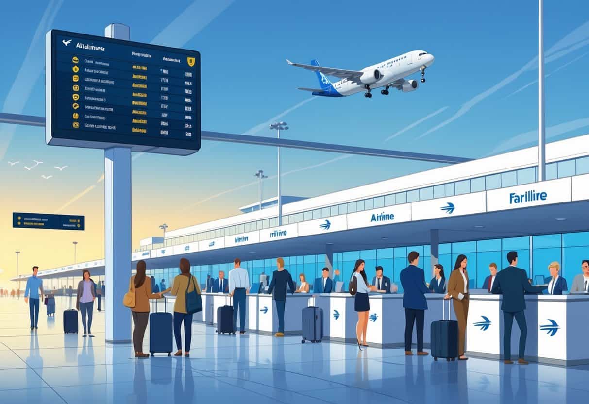 An airport terminal in Mesquite, Texas with travelers calmly checking in and airplanes taking off under a clear sky.
