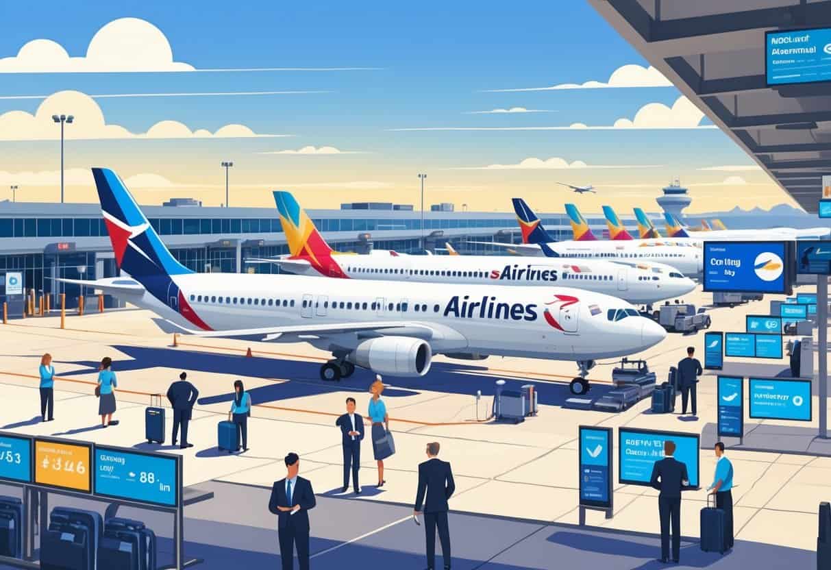 An airport scene in Mesquite, Texas showing airplanes from different airlines at gates, airport staff and passengers interacting, and digital flight status displays indicating on time, delayed, and cancelled flights.