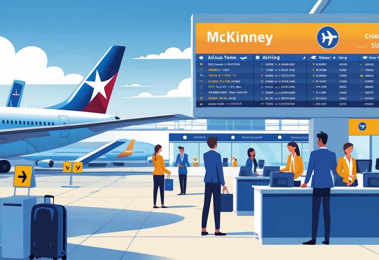 An airport scene showing passengers checking in and a flight departure board with some flights delayed or canceled, set in McKinney, Texas.