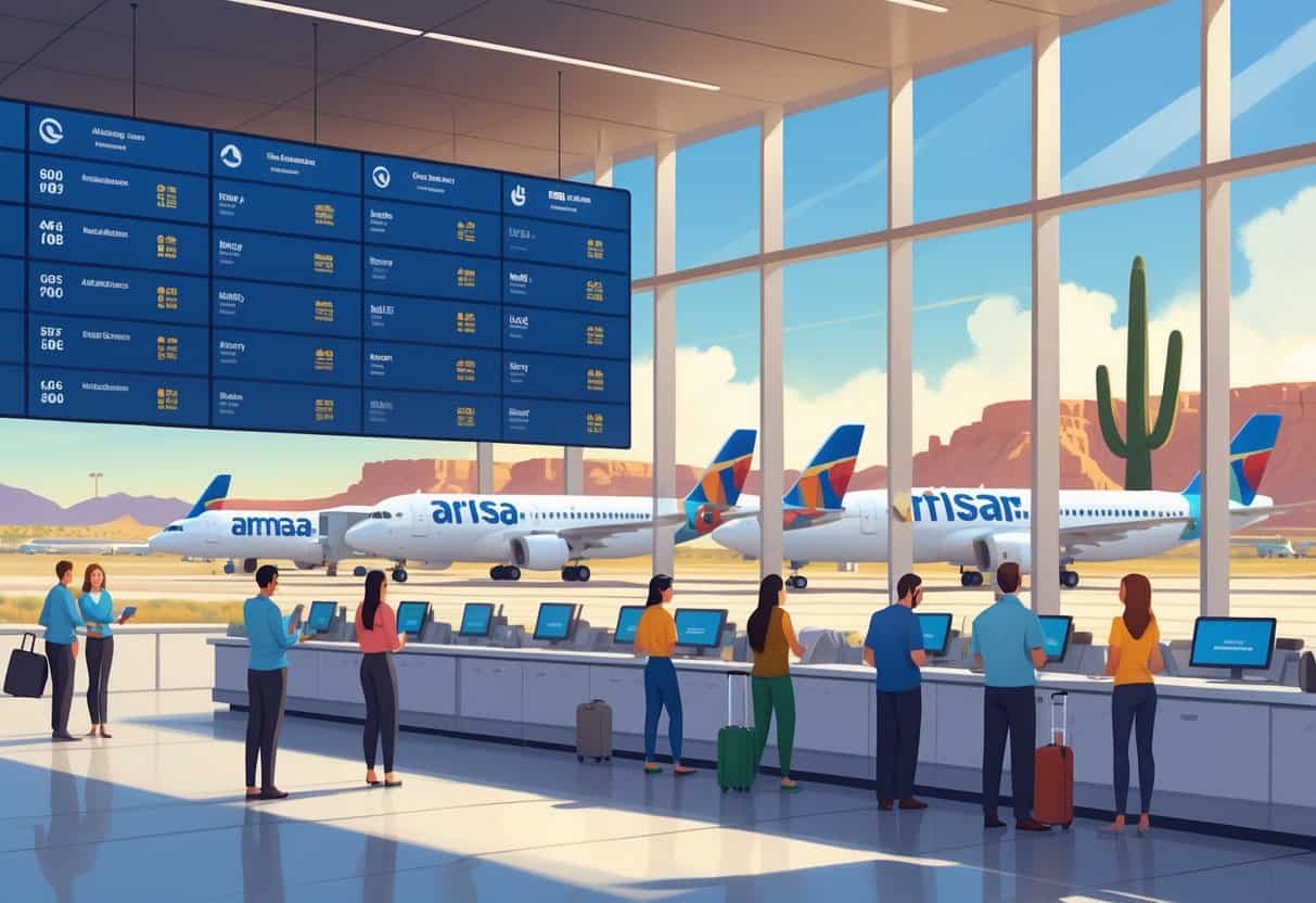 A busy airport check-in area in Mesa, Arizona with travelers and airline staff, planes visible outside, and flight status displays showing on-time and delayed flights.