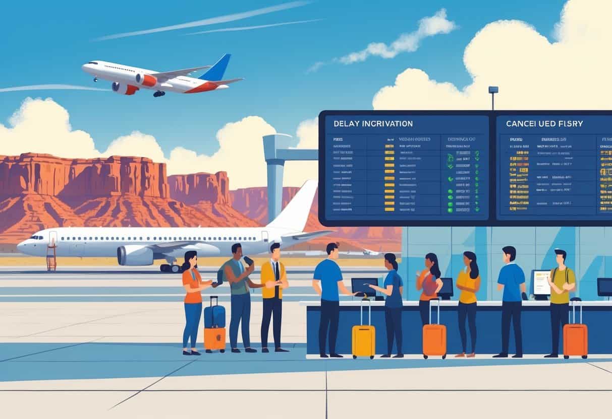 Travelers at an airport customer service desk with airplanes on the runway and desert landscape in the background.
