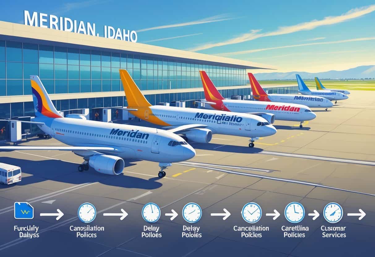 An airport scene in Meridian, Idaho with several airplanes from major airlines at gates and a clear sky, accompanied by graphic icons representing airline delay and cancellation policies.
