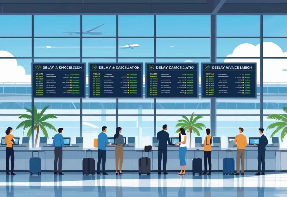 An airport terminal in Miami with passengers speaking to airline staff at service counters and flight information boards showing delays and cancellations.
