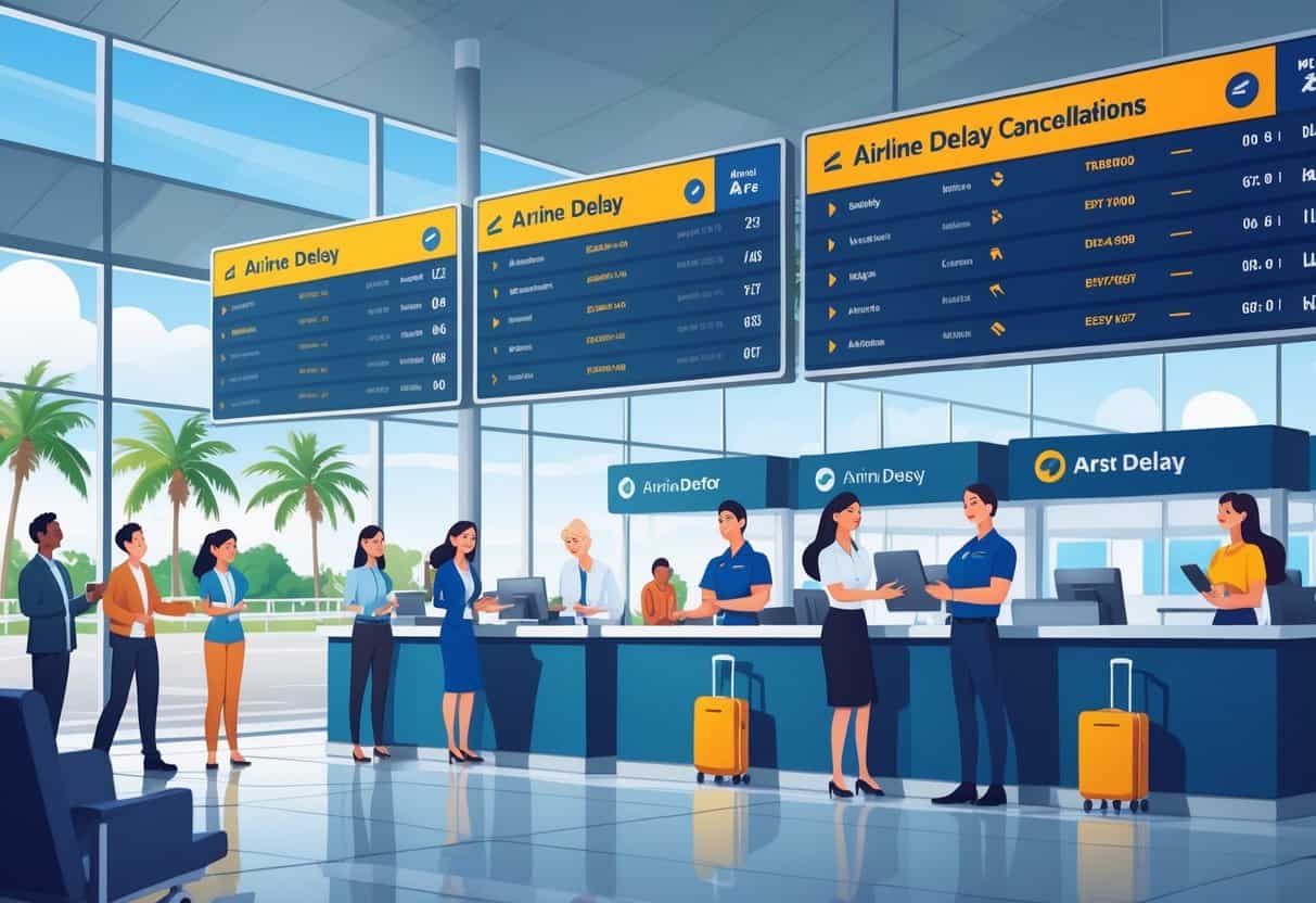 Travelers and airline staff at an airport service desk in Miramar, Florida, with flight information displays showing mostly on-time flights and a bright sunny scene outside.