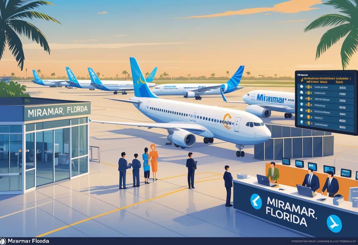 An airport scene in Miramar, Florida with airplanes on the tarmac, passengers waiting, airline staff assisting travelers, palm trees in the background, and a flight information board showing flight statuses.