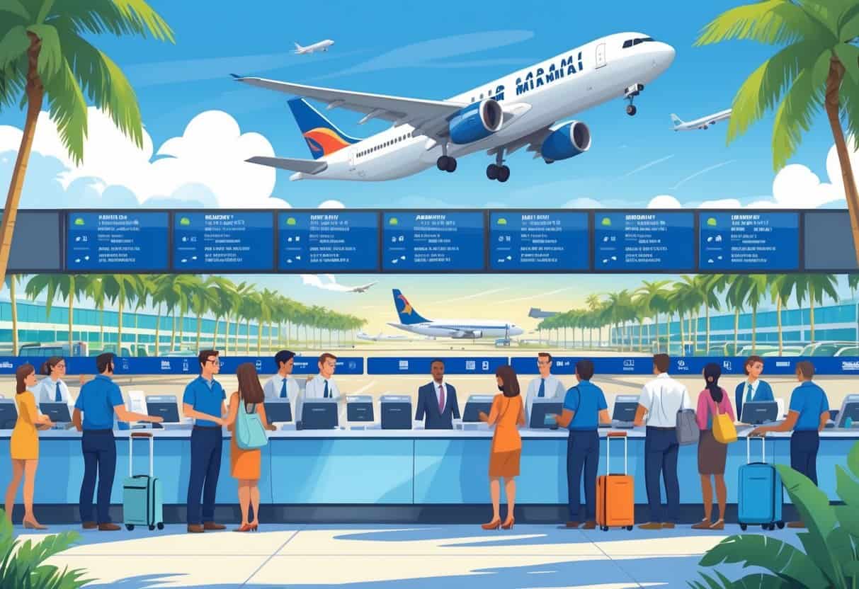 Travelers and airline staff interacting calmly at check-in counters in a sunny Miami Gardens airport with planes taking off and palm trees in the background.