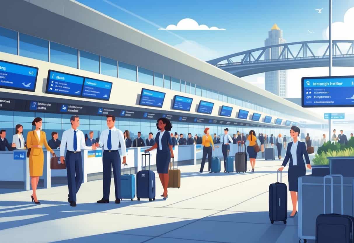 Airport terminal in Minneapolis with airline staff helping passengers and flight information displays showing on-time flights, with Minneapolis skyline in the background.