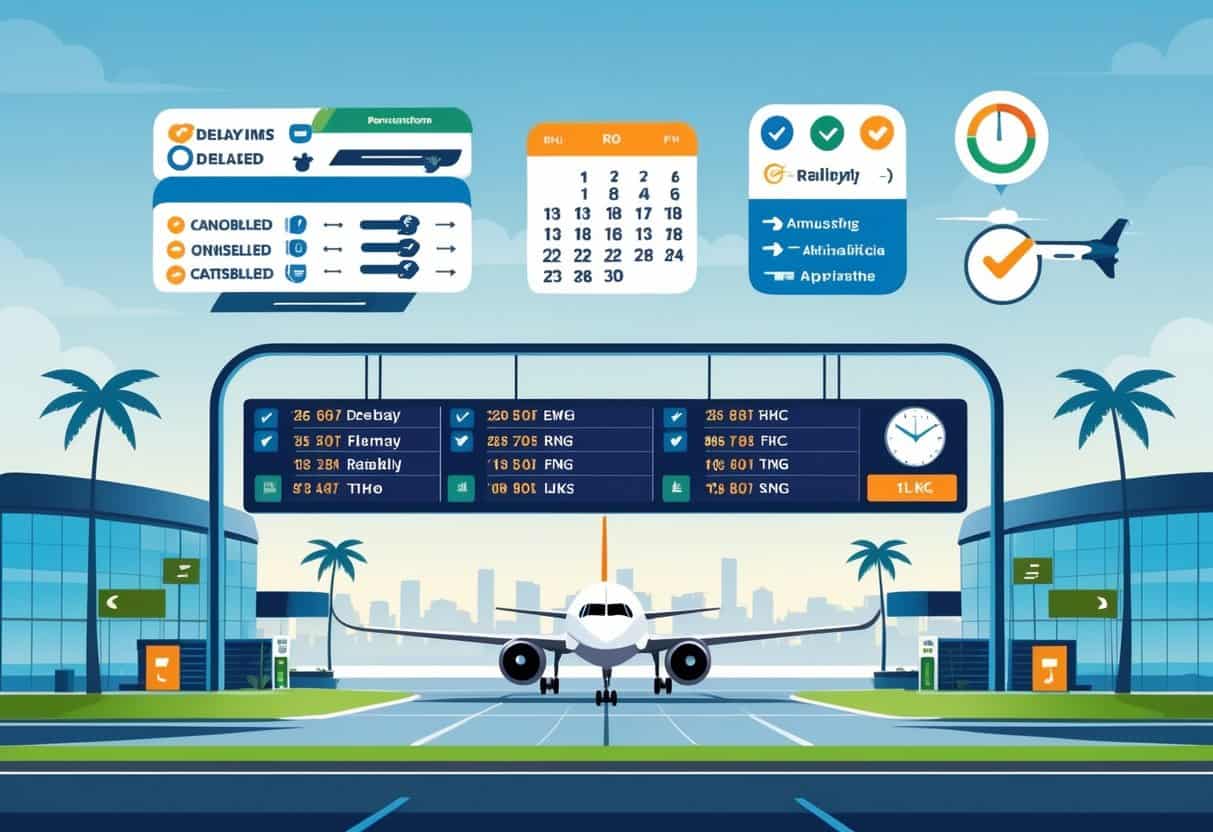 An airport scene with airplanes on the runway, a digital departure board showing flight statuses, airline icons, and symbols representing flight delay and cancellation policies, with a cityscape and palm trees in the background.