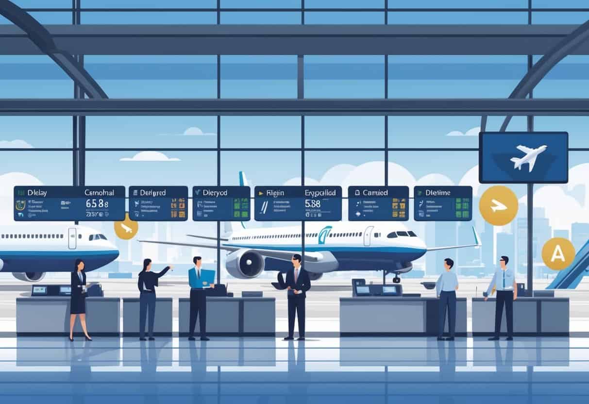 Airport terminal scene with airplanes at gates, airline staff assisting passengers, and flight status indicators showing delays and cancellations.