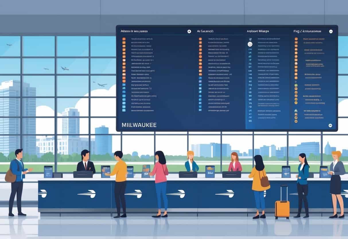 Travelers at an airport check-in counter with airline staff, a flight information board showing on-time and delayed flights, and the Milwaukee skyline visible through large windows.