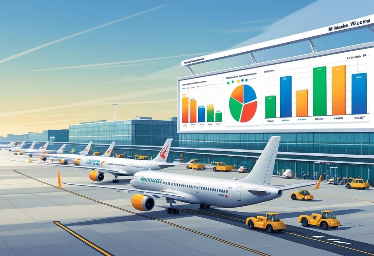 An airport scene in Milwaukee with airplanes from major airlines on the runway and a digital display showing colorful charts about flight delays and cancellations.