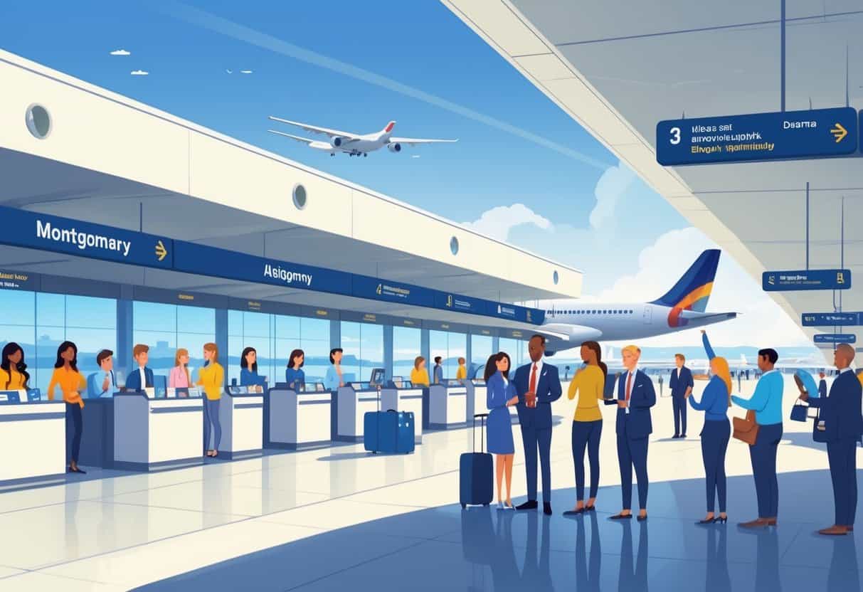 An airport terminal in Montgomery with passengers and airline staff interacting calmly, airplanes at gates, and a clear sky overhead.