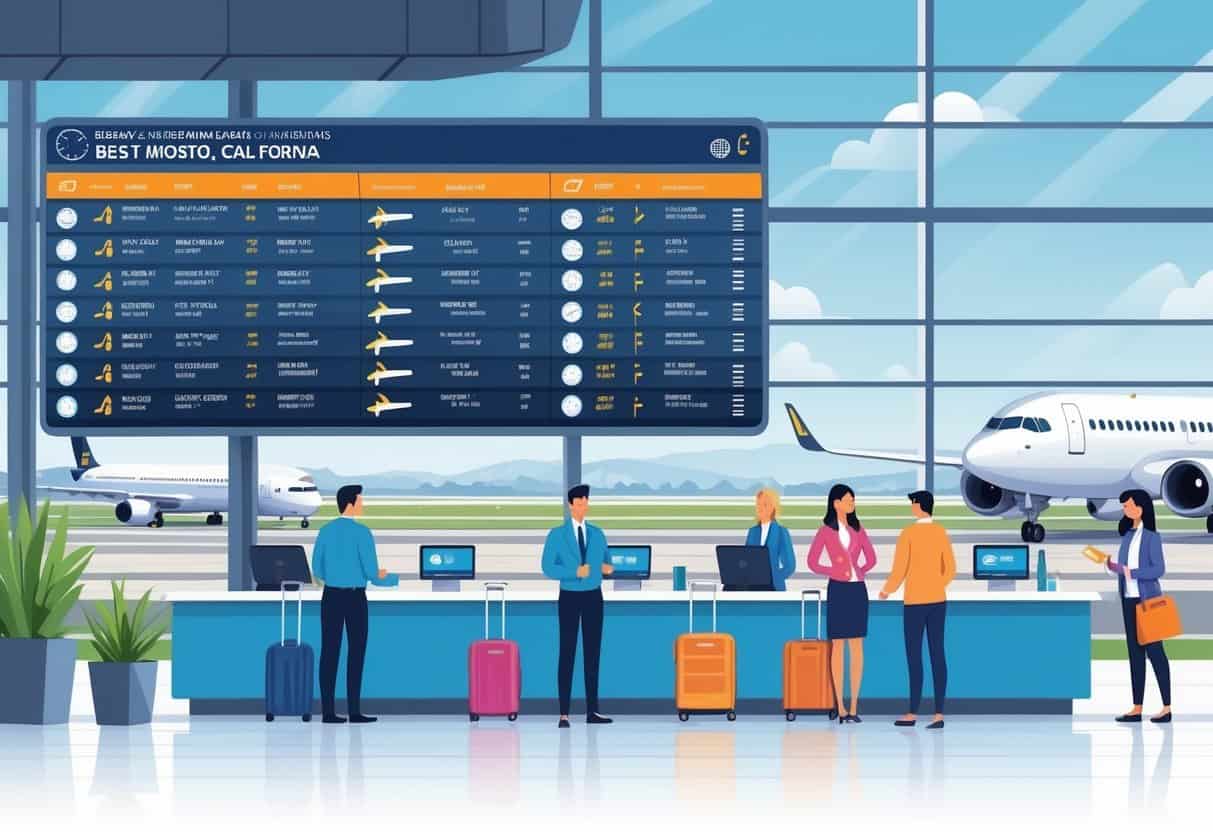 An airport terminal scene with travelers and airline staff discussing flight delays and cancellation policies, flight information displays showing delayed and canceled flights, and airplanes on the tarmac in the background.