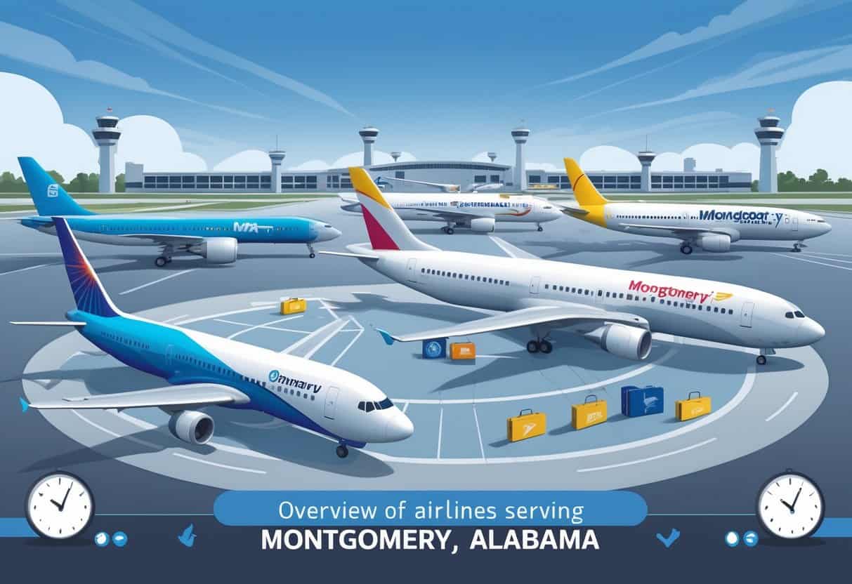 An illustration showing a map of Montgomery, Alabama surrounded by several airplanes representing major airlines, with an airport runway and control towers in the background.