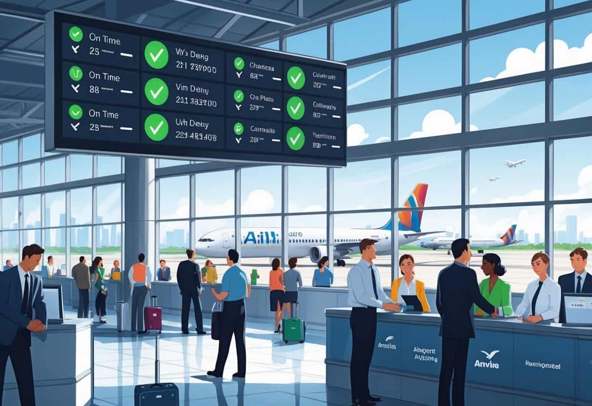 A busy airport terminal with travelers and airline staff near a flight information board showing on-time flights, with airplanes outside and the Mobile city skyline in the background.