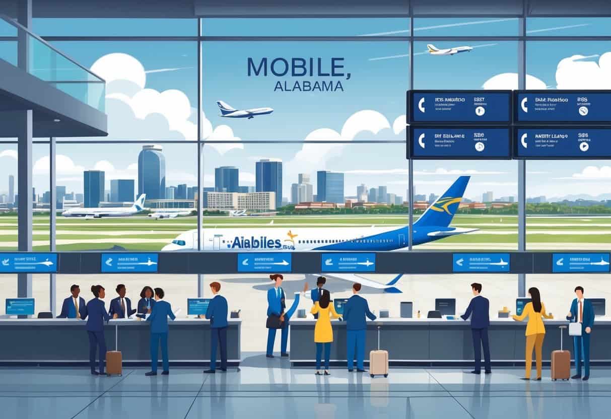 Airport terminal in Mobile, Alabama with travelers and airline staff interacting, airplanes on the runway, and the city skyline visible in the background.