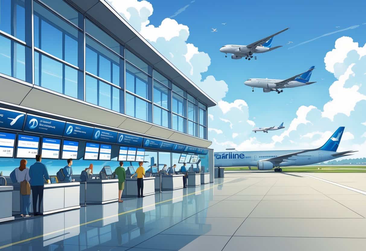An airport terminal in Murfreesboro with travelers checking flight information and airplanes taxiing on the runway under a clear sky.