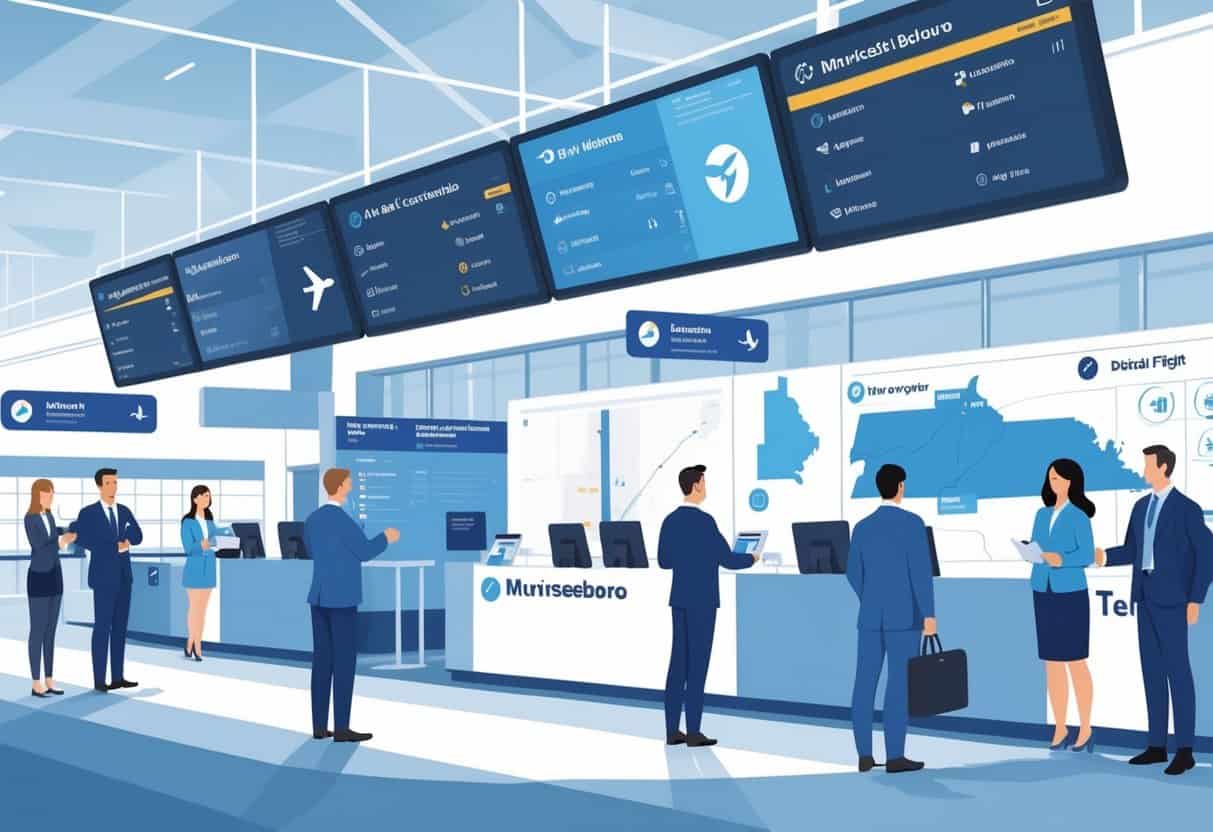 An airport terminal in Murfreesboro, Tennessee with travelers and airline staff discussing flight delays and cancellations, flight information screens, and a map highlighting Murfreesboro.