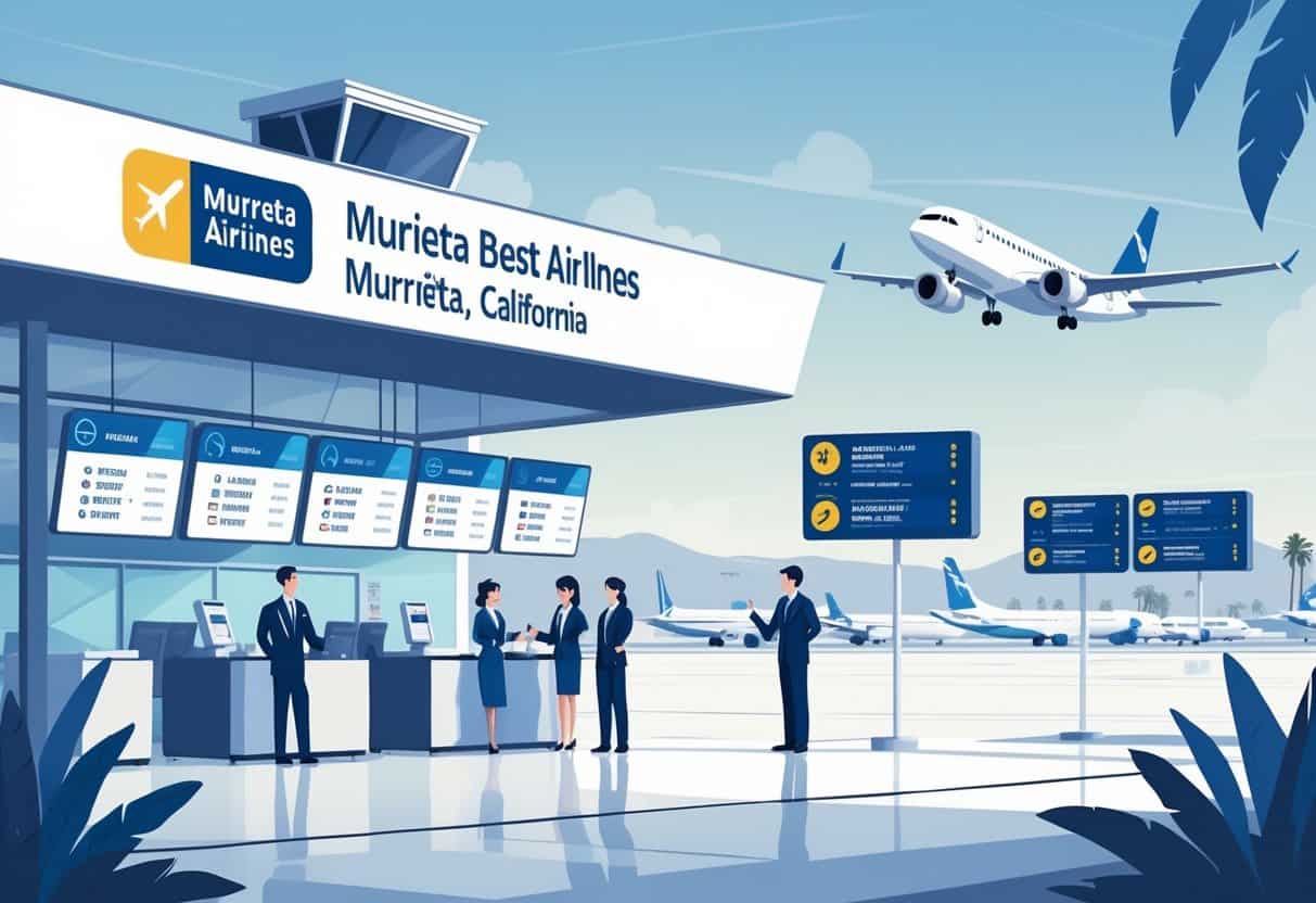An airport terminal scene showing airline staff assisting passengers with flight delays and cancellations, with planes outside and a California landscape in the background.