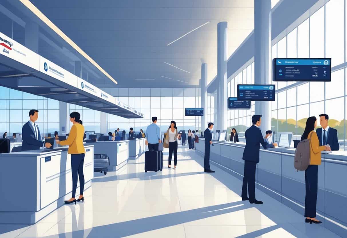 Travelers and airline staff interacting calmly at an airport terminal with flight information boards and sunny outdoor views.