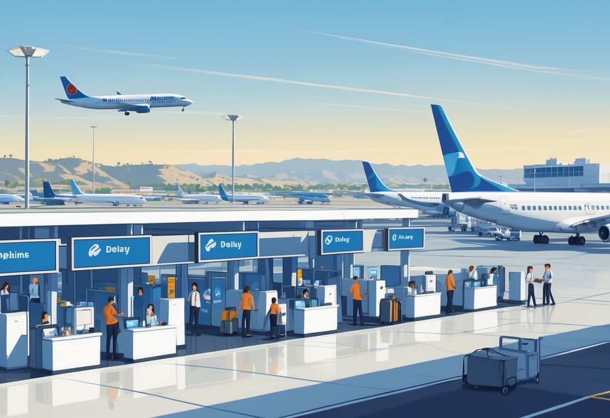 An airport scene in Moreno Valley, California, showing passengers interacting with airline staff near planes at the terminal during flight delays and cancellations.