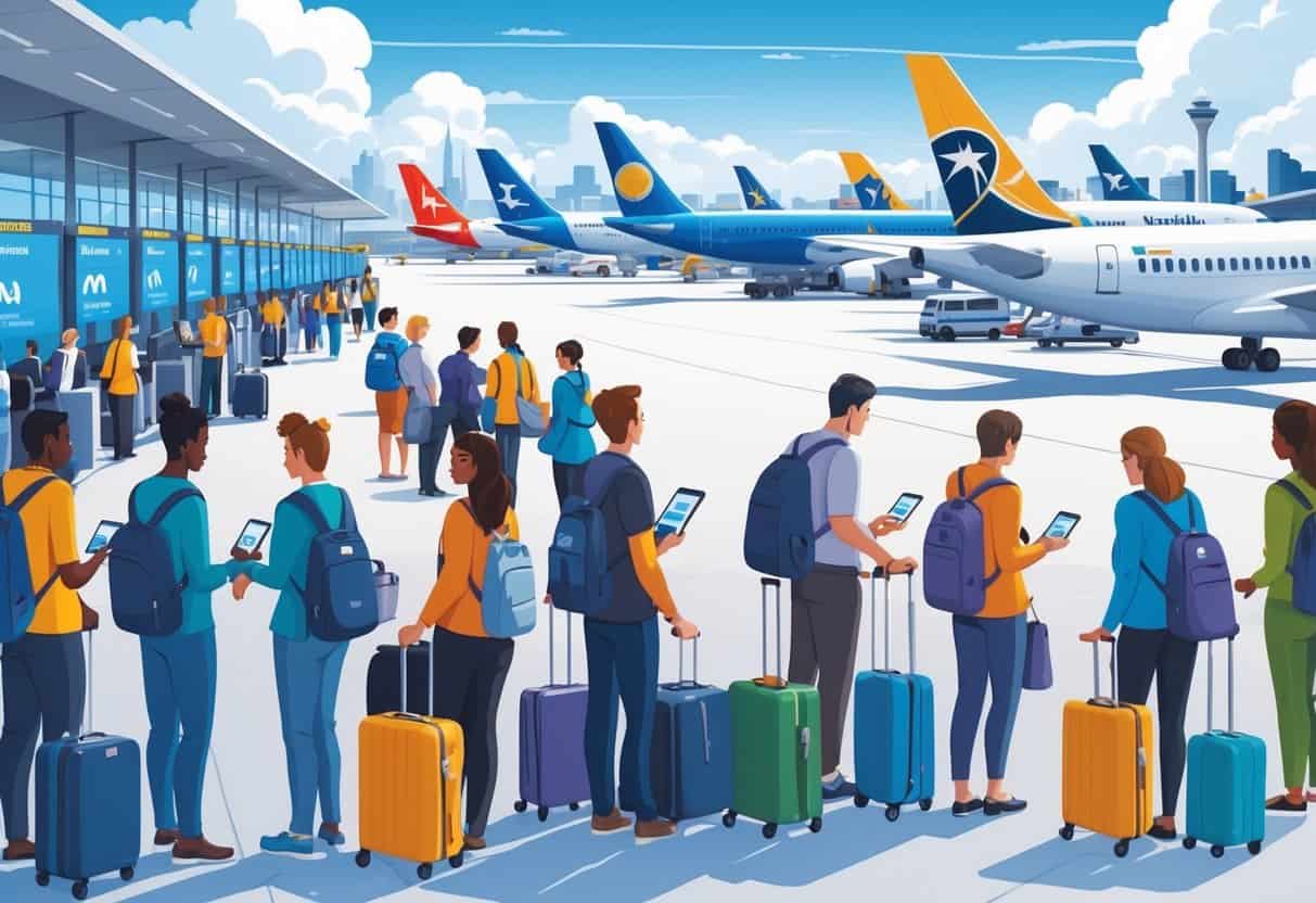 Travelers at Nashville airport calmly checking flight information and interacting with airport staff near airplanes on the tarmac.