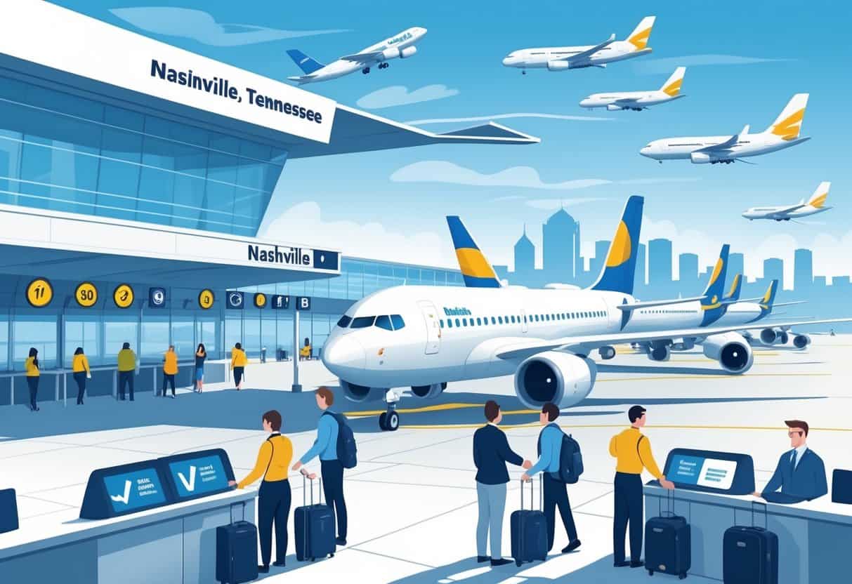 An airport scene in Nashville with airplanes, travelers, airline staff, and icons representing delay and cancellation policies.