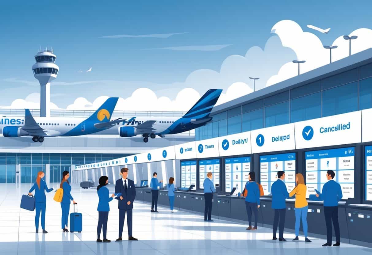 An airport scene showing airplanes at gates, travelers interacting with airline staff, and flight status boards displaying on-time, delayed, and cancelled flights.
