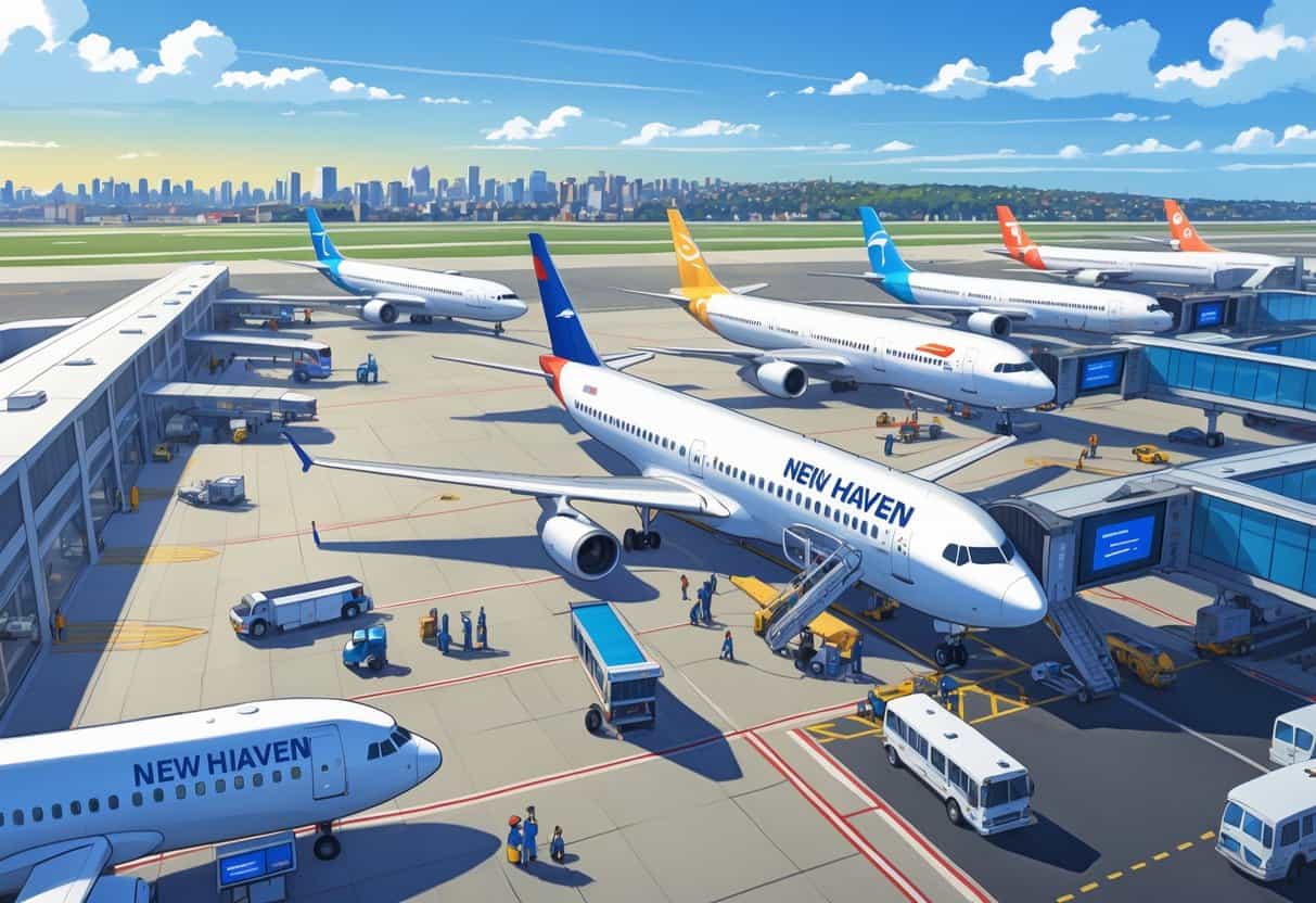 An airport scene in New Haven, Connecticut with airplanes at gates, passengers boarding, and staff assisting, showing a smooth and efficient travel environment.