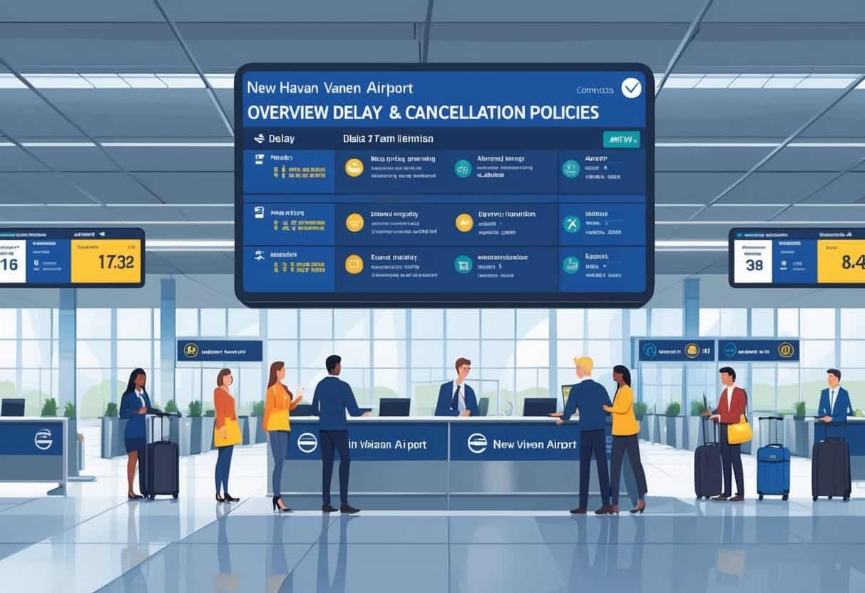 A busy airport terminal with travelers speaking to airline staff at counters, a flight information board showing delays and cancellations, and boarding gates in the background.